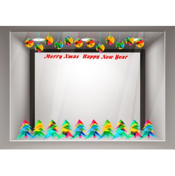 Αυτοκόλλητα Βιτρίνας Χριστούγεννα-Γιρλάντες με πολύχρωμα στολίδια και δέντρα και ευχές xmas13