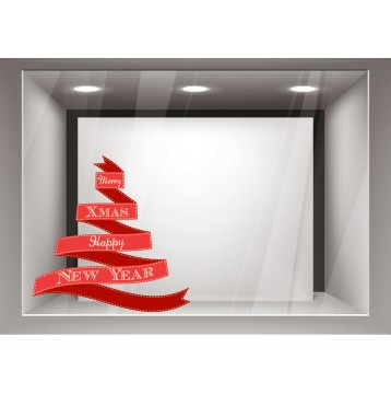 Αυτοκόλλητα Βιτρίνας Χριστούγεννα-Δέντρο κόκκινη κορδέλα με ευχές xmas07