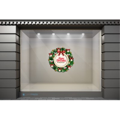XSM069 Χριστουγεννιάτικα Αυτοκόλλητα Βιτρίνας / Τοίχου - Στολισμένο Στεφάνι με Ευχές