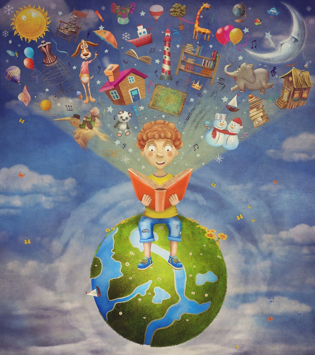 Мальчик с книгой на земном шаре
