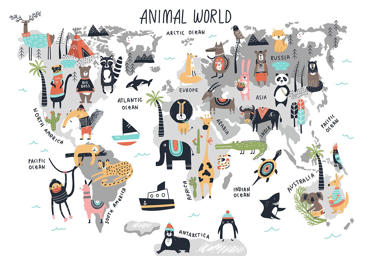 Ταπετσαρία Παιδικό - Εφηβικό 304 Παγκόσμιος χάρτης με ζωάκια