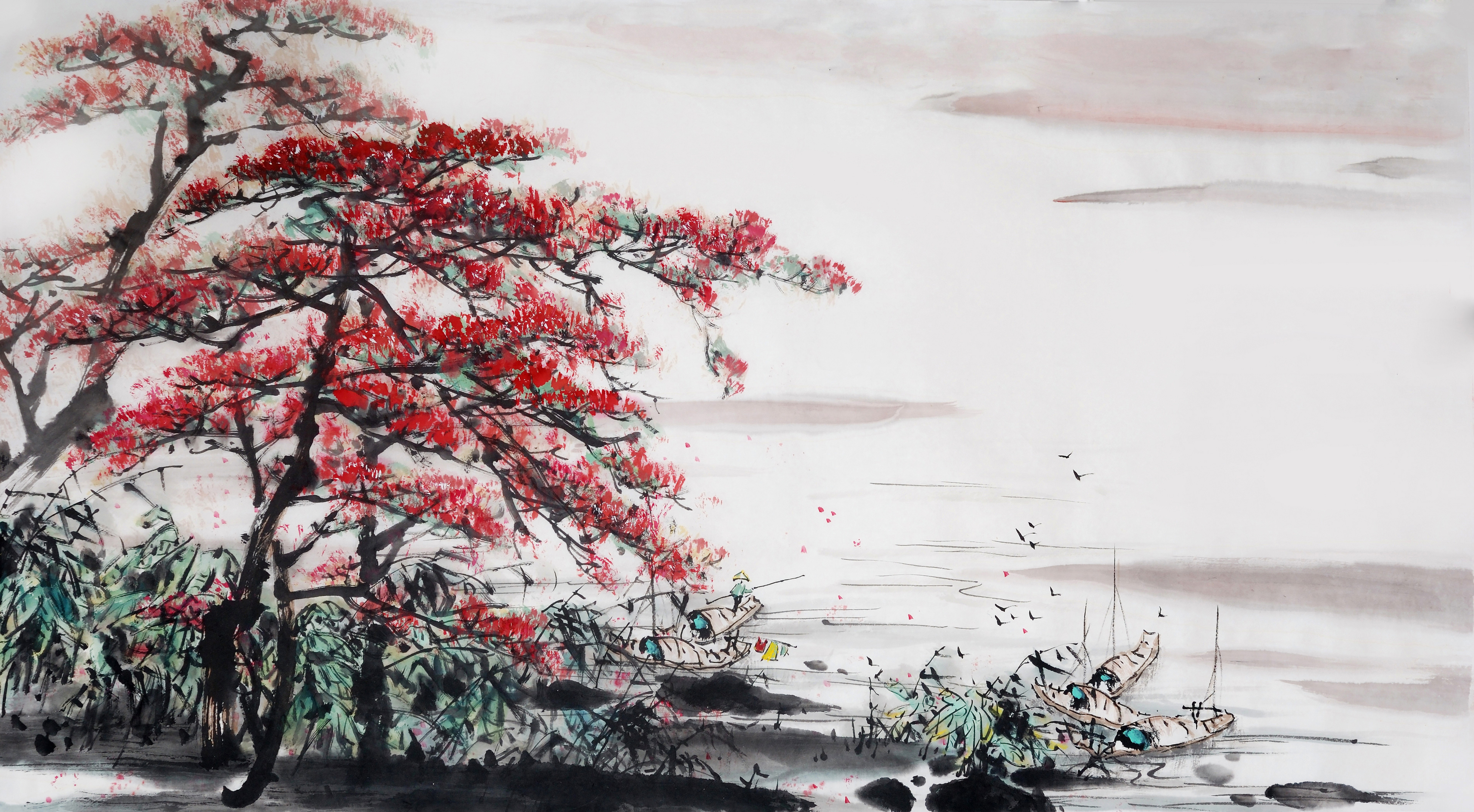 Ταπετσαρία τοίχου  Φύση - Λουλούδια - Floral 173 Λίμνη με κόκκινο δέντρο