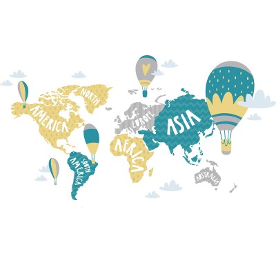 Ταπετσαρία τοίχου Παιδικό - Εφηβικό 310 Παγκόσμιος χάρτης με αερόστατα