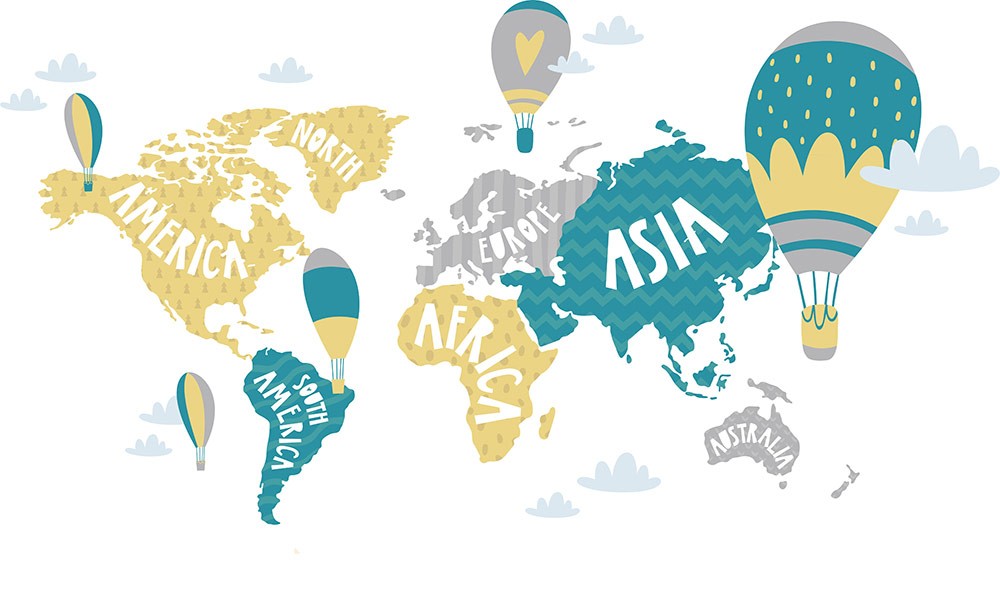 Ταπετσαρία τοίχου Παιδικό - Εφηβικό 310 Παγκόσμιος χάρτης με αερόστατα